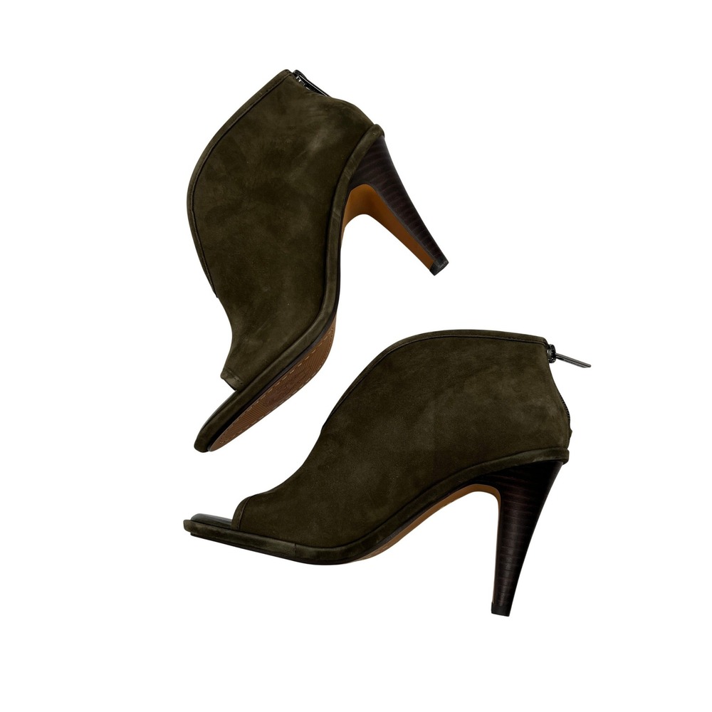 Vince Camuto Peep Toe Booties Womens Olive Green Excellent Suede Stiletto‎ Heels